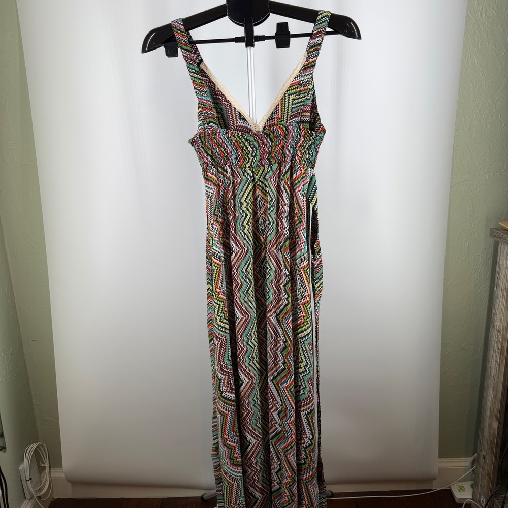 Urban Nomad Earthbound Trading Chevron Geometric Maxi Dress Boho Lace Trim S/M - Picture 2 of 6